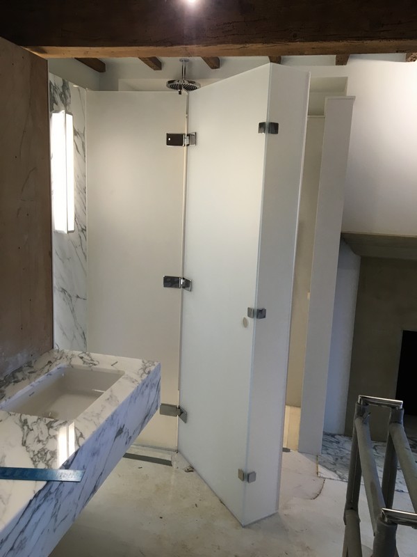Bespoke frosted glass shower enclosure in Cobham luxury bathroom